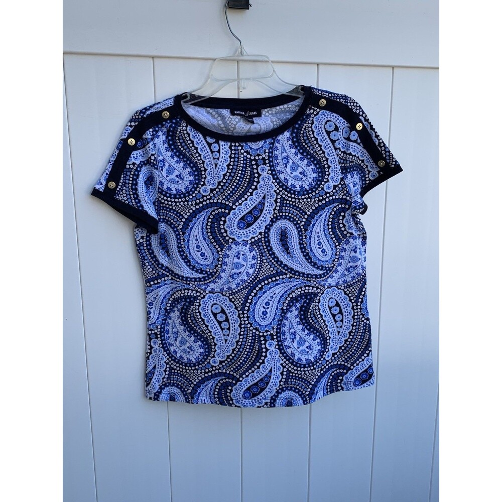 Nautica Jeans Blouse Petite PM Blue Paisley Short Sleeve Cotton
